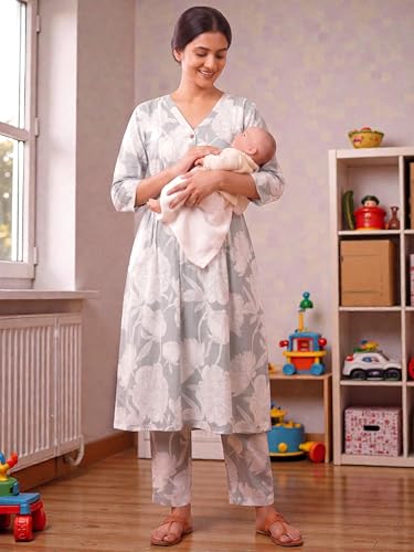 Image of RITIJYA Pure Cotton Feeding Kurta Pant Set for Women | Floral Anarkali Pregnancy Dress with Concealed Nursing Zipper Side Pocket | Pre & Post Partum | Maternity Dresses | Baby Shower Outfit