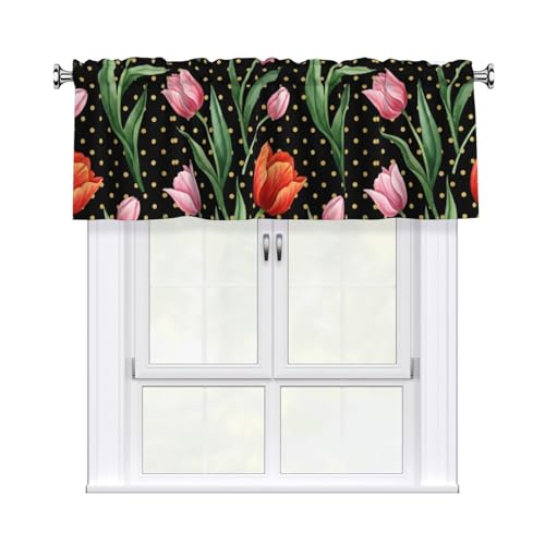 Drekrid Cantonnières pour fenêtres, tulipes et fleurs à pois, petits rideaux doux filtrant la lumière pour cuisine, café, chambre, sous-sol, salle de...