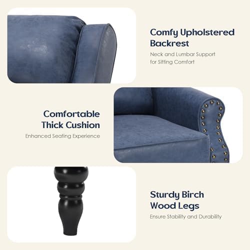Image of Leather Recliner Chair with Adjustable Backrest & Footrest, Blue | Adjustable Backrest & Footrest, Medieval Style Overstuffed Arms, Quality Faux Leather