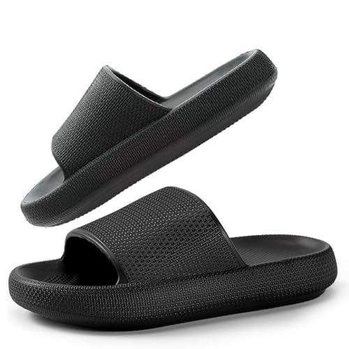 IDEINER Wolken Badelatschen Damen Herren Original Cloud Slippers Hausschuhe Wolkenschuhe Schuhe Cozy Slides Wolken Schlappen Dicke Sohle Orthoslipper Pantoletten Weich Schwarz Gr. EU 44/45