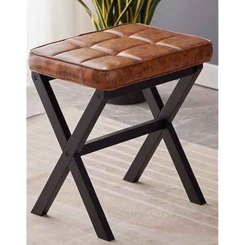 viewcare Vanity Chair, Square Faux Leather Makeup Stool with Wood X Legs, Small Ottoman Stool Chair for Vanity, Modern Padded Vanity Seat Foot Rest Stool for Makeup Room, Living Room Cover