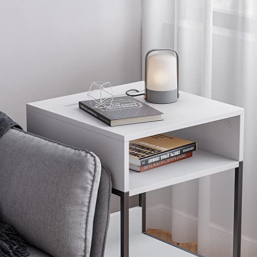 Cubicubi Side Table With Storage Compartment, Small End Table, Rustic File Cabinet, Cable Management, Nightstand Living Room Bedroom, White #TOP3