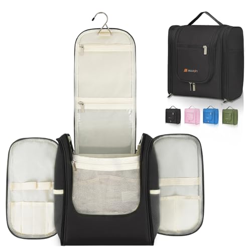MULISOFT Travel Toiletry Bag for Women & Man, Extra Large Toiletry Bag, Portable Hanging Toiletries Bag, Water Resistant Dopp Kit for Toiletries, Cosmetics, Big Comparment Travel Makeup Bag, Black