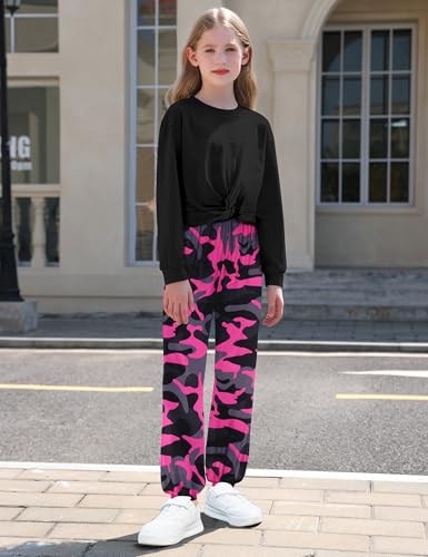 Image of NECIOUS Girls Fall Outfits 2 Piece Fashion Twist Front Pullover Sweatshirt and Camo Pants Clothing Sets 5-14Y