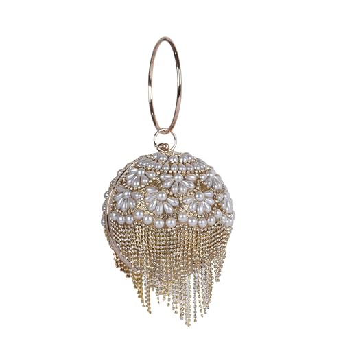 Lady Quinton Crystal Embellished Spherical Evening Clutch, Gold Chain Strap, Rhinestone Tassel Design (GOLDEN-03)