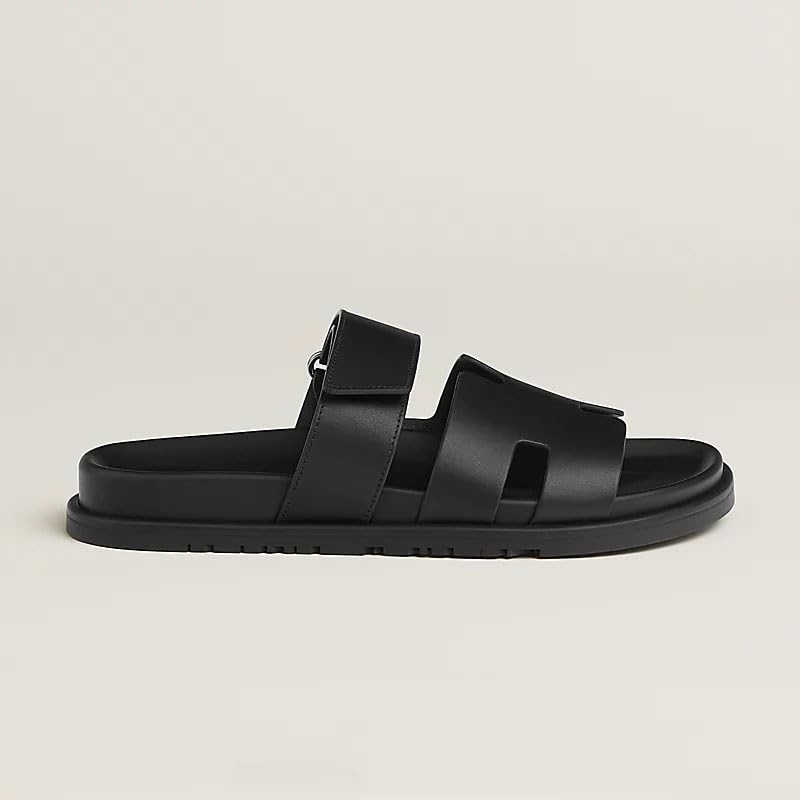 Image of Men Genuine Leather Slippers | Handcrafted Luxury Slides with Cushioned Sole & Anti-Slip Grip | Stylish Indoor Outdoor Footwear (BK)-(Series)-403