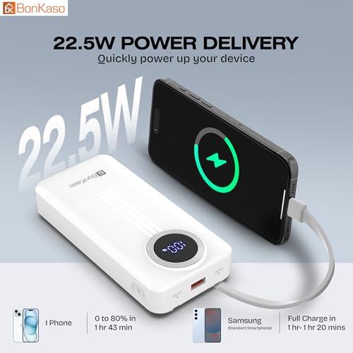 Image of BonKaso 20000mAh Power Bank 22.5W PD Fast Charging with Built-in Type-C Cable, USB-A & Type-C Output, Digital LED Display, Slim Portable Charger for iPhone, Android, Tablets - White