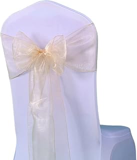50 Wedding Organza Champagne Chair Sashes Bows 7x108 inches Sheer Chiffon Crystal Yarn Chair Bands for Party Banquet Hotel Restaurant Decorations Chair Knots Ties