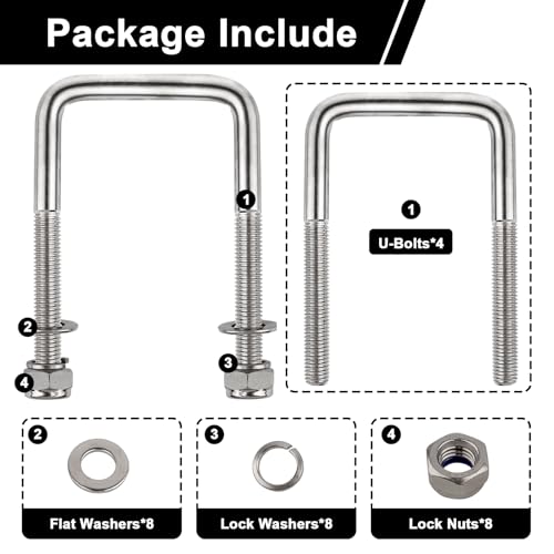4 Sets 304 Stainless Steel Square U-Bolt Kits, Heavy Duty U-Bolt with Nuts,Flat and Lock Washers for Boat Trailers,Automobiles Trailers,Ski Boats,and Sailboat Trailers (1/2" D x 3-1/16" W x 5-5/16" L) by twomoo - Image 4