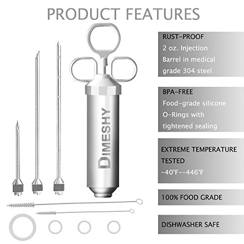 Heavy duty 304 Stainless Steel Meat Injector Kit with 2-oz Large Capacity Barrel with 3 commercial Marinade Needles