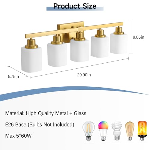 Image of Brushed Gold Bathroom Vanity Light,5-Light Bathroom Light Fixtures with Square Frosted Glass,Gold Bathroom Wall Lamp Sconces for Mirror Bedroom,Living Room Hallway,E26