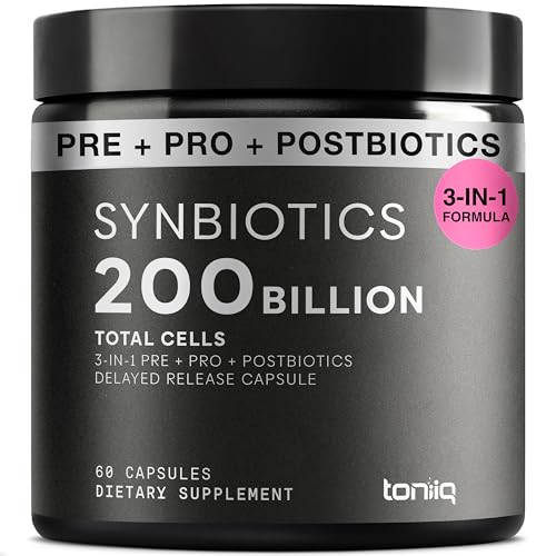 Toniiq Prebiotics and Probiotics – 200B TFU with Postbiotics IMMUSE® & ButyraGen® – 30 Strains – Shelf-Stable Synbiotic Formula – Third-Party Tested – 60 Capsules