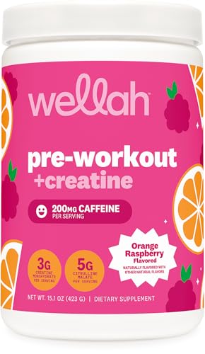 Wellah Pre-Workout + Creatine Powder (30 Servings) Orange Raspberry - 200mg Caffeine, 3g Creatine Monohydrate, 5g Citrulline Malate, Pre-Workout with Creatine Supplement