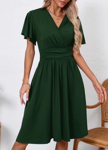 Image of Women's Casual Summer Dress V Neck Short Sleeve Flowy Stretchy Comfort Fit for Daily Wear Work Midi Dresses