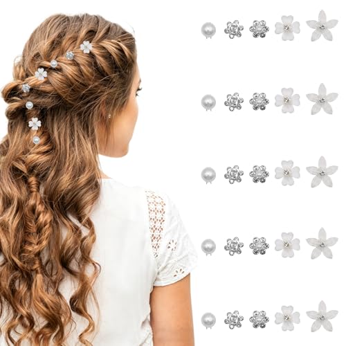 VEGCOO 25 Pinces 5 Motifs Strass Perles Petites Fleurs Cheveux, Blanc Pinces à Cheveux à Fleurs, Mini Épingles à Cheveux pour Femmes, Barrettes de Mariée...