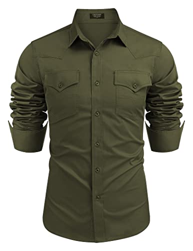 La Mejor Lista de Verde Militar los preferidos por los clientes. 43 COOFANDY - Camisa de trabajo de manga larga para hombre, estilo vaquero occidental, de algodón, con botones, con bolsillos, Verde militar, M