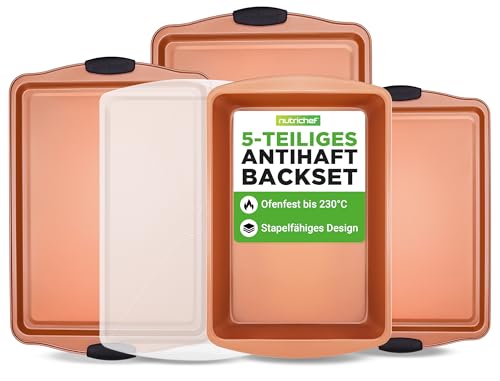 NutriChef 5er Backbleche Antihaftbeschichtet – Ofenbleche fürs Backen Stapelbar & Platzsparend – PFOA-, PFOS- & PTFE-frei mit Deckel – Oven Tray Langlebig & Spülmaschinenfest für Kuchen, Keksen & Brot
