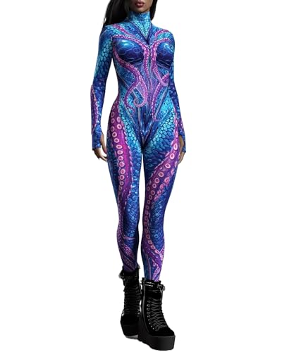 Koongso Damen Tier Halloween Kostüm Jumpsuit Frauen 3D Druck Meerjungfrau Skinny Catsuit Langarm Schlange Bodysuit Einteiler Strampler Einteiler