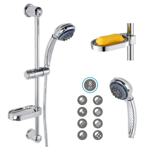 Kit Asta Doccia Saliscendi con soffione 8 getti di acqua multifunzione, con tubo e portasapone, in ABS cromato, colonna per vasca da bagno
