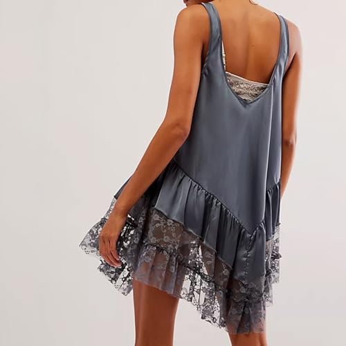 Image of Luckinbaby Women Y2k Mini Dress Lace Flowy Short Tank Dress Backless Ruffle Spaghetti Strap Sleeveless Slip Under Dress
