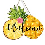 Summer Pineapple Welcome Sign Wooden Hanging Door Decor, Tropical Welcome Door Sign with Rope, Front Door Porch Wall Decor for Home Kitchen Party