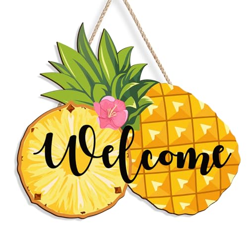 Summer Pineapple Welcome Sign Wooden Hanging Door Decor, Tropical Welcome Door Sign with Rope, Front Door Porch Wall Decor for Home Kitchen Party