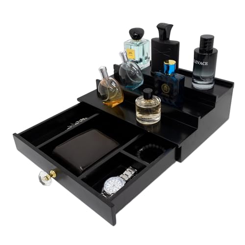 Yikaroeli Cologne Organizer for Men 3 Tier Mens Perfume Shelf Stand with Drawer Dresser Tray Wooden Fragrance Shelf Display Risers Gift for Men Gifts Black