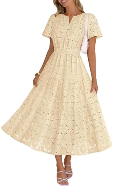 MEROKEETY Women's Summer Floral Maxi Dress 2026 Spring Boho Vacation Eyelet Lace Short Sleeve A Line Tiered Flowy Dresses