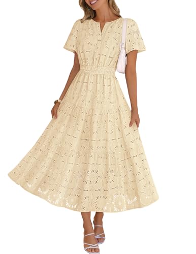 Image of MEROKEETY Women's Summer Floral Eyelet Lace Maxi Dress 2026 | Short Sleeve, Tiered Flowy, Boho Beach Vacation, A Line, Elastic High Waist, V Neck, Side Pockets, Elegant Formal Long Dress