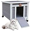 Rockever Outdoor Cat House,Outdoor cat Houses for Feral Cats Weatherproof Rabbit Hutch Small, Wooden Small Pet House and Habitats-Grey