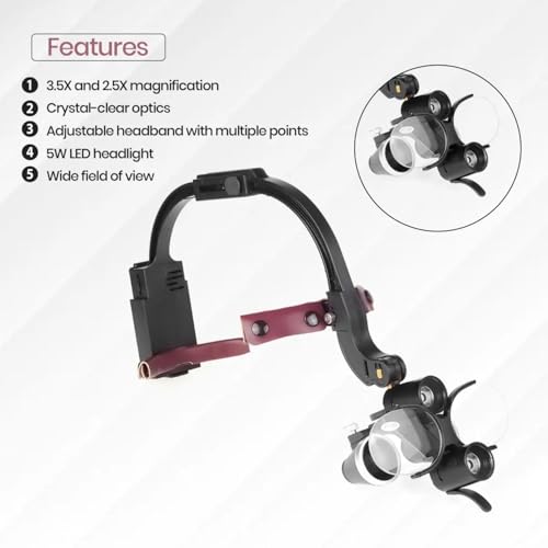 Image of Waldent Head Mounted Double Light Magnifying Surgical Loupe, Dual LED Headlights, 280-380 mm Working Distance, Adjustable Headband (2.5X)