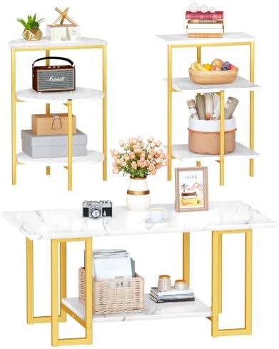 AWQM Coffee Table Set, Faux Marble Table & 2 Side Table. White & ...