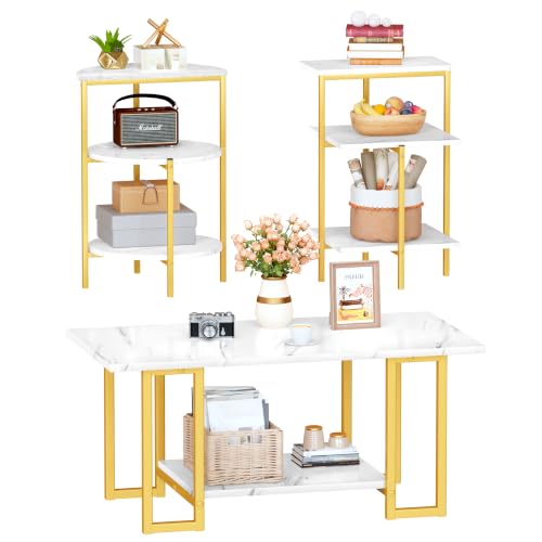 AWQM Coffee Table Set, Faux Marble Table & 2 Side Table. White & Gold