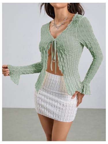 Image of Milumia Women's Y2K Textured Mesh Cardigan Shrug Tie Front Tops | Lettuce Trim , Long Sleeve, Open Front, Sheer, Flared, Club Party, Going Out, Rave, Cover Ups