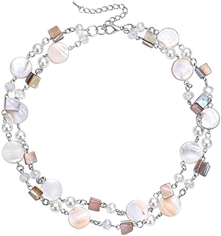 FULU AUTUMN Short Shell Beaded Layered Necklace Silver Pearl Chunky Statement Necklace Turquoise Costume Jewellery for Women Mothers Day Gift
