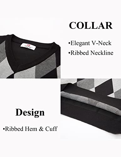 Pj Paul Jones Mens Argyle Sweater Vest Slim Fit V-Neck Lightweight Pullover Vest Black L #TOP4