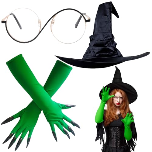 AYNKH Ensemble de Costume de Sorcière 3 Pièces,Costume de Sorcière d’Halloween,Comprenant des Gants, un Chapeau pour Femme et des Lunettes, Idéal pour Halloween, les Jeux de Rôle et Les Fêtes