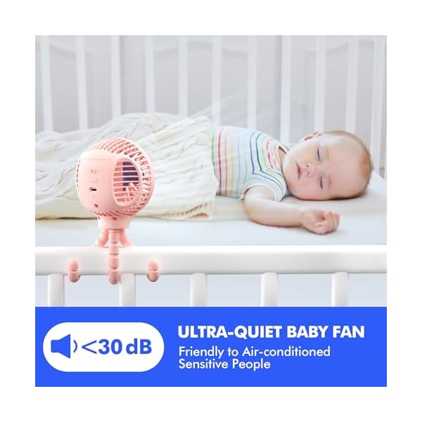 WEGA Kinderwagen-Ventilator, wiederaufladbar, tragbar, batteriebetrieben, Auto-Sitz, Baby-Ventilator, 3 Geschwindigkeiten, Clip-on-Ventilator, USB-Ventilator für Kinderbett, Laufband, HomeOffice und – Bild 5