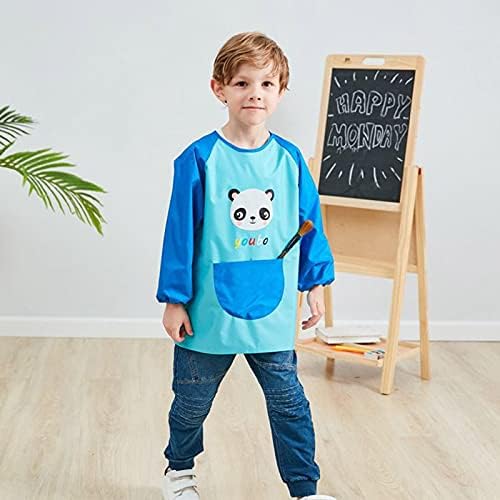 Waterproof Children Painting Apron For 7-11 Years Old, Kids Art Craft Aprons With Big Pockets, Cute Panda Pattern Toddler Apron For Cooking Drawing, Blue | Pink | Green