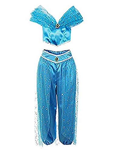 Niña Aladdin Princesa Jasmine Disfraz jazmín Tops Pantalones Manga Corta Traje Cosplay Actuación Carnaval Navidad Regalo Cumpleaños Danza Vientre Vestido de Princesa (Azul, L)