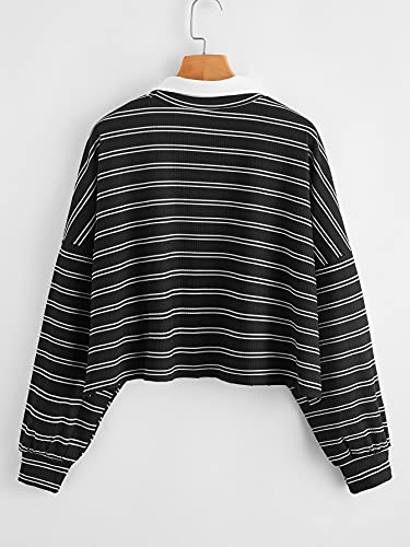 Sweatyrocks Women's Casual Long Sleeve Striped Tee Top Collar Neck T-Shirt White Black M #TOP1