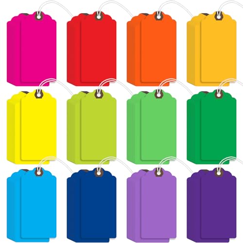 Outus 480 Pcs Manila Tags Rainbow Colors Shipping Tags with String Attached Inventory Tags Luggage Paper Tag Present Tags Cardboard Tags Hang Label Tags with Reinforced Hole (4 3/4\" X 2 3/8\")