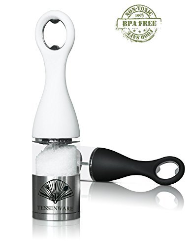 Salt and Pepper Bottle Opener Manual Grinder By TessenWare - Certified BPA FREE [Food Safe Plastic] [Brushed Stainless Steel] Adjustable Coarseness Setting with Ceramic Grinder Tip. (2, Black & White)