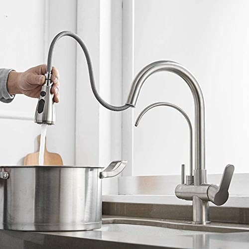 Robinet à 3 voies cuisine avec double tête de pulvérisation extractible flexible
