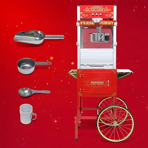 Image of 20 Oz Popcorn Machine with Cart: This popcorn machine on wheels combines an antique-style design with modern features. The cart includes bicycle-style wheels and a cabinet -Red