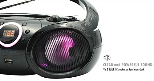 SINGING WOOD, CD Player Boombox, CD/CD-R/CD-RW, Portable w/Bluetooth, USB, AM/FM Radio, Aux Line-Input, Headset Jack, Foldable Carrying Handle and LED Light (Phantom Black) - Thumbnail 2