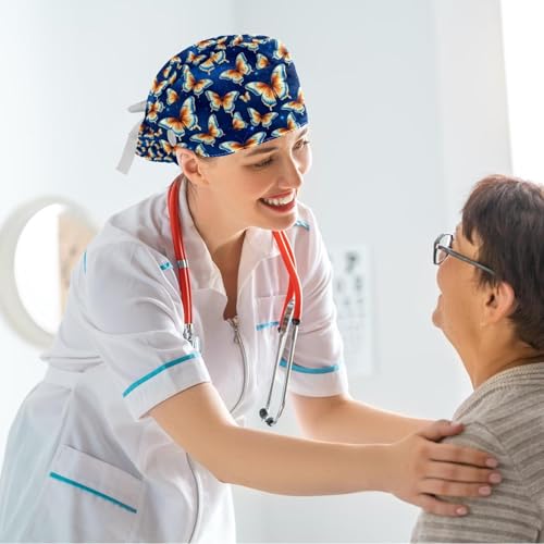 Image of Colored Butterflies Scrub Caps Women Ponytail, Adjustable Bouffant Surgical Caps with Button, Nurse Hats Long Hair