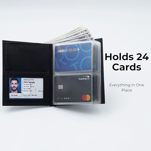Image of Men's Hipster Wallet, Up to 24 Cards, Leather Bifold Organizer, Black | 12 Built-In Card & Photo Sleeves | Flip-Through Organization | 2 ID Windows | Full-Length Bill Compartment | RFID Blocking