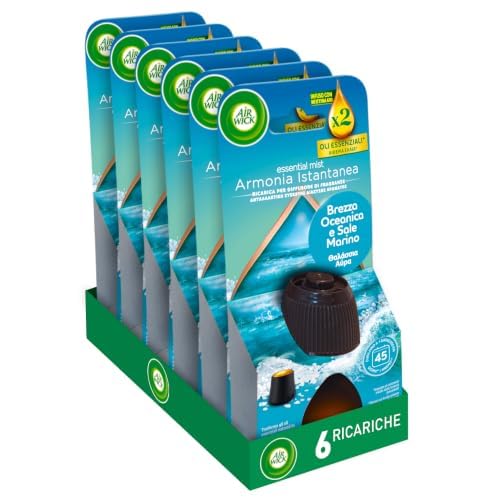 Airwick Ricariche per Diffusore di Oli Essenziali Armonia Istantanea, Confezione da 6 Profumatore per Ambienti alla Fragranza Brezza Oceanica