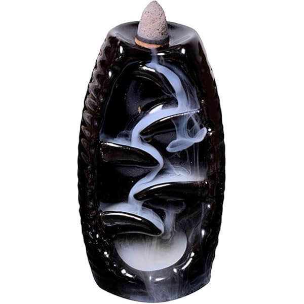 Image of Betala Fragrance Black Ceramic Fountain Smoke Waterfall Backflow Burner + 2 Pack Dhoop Cone, Chandan, Rose (50 Pcs) (Burner + 2 Incense Cone)